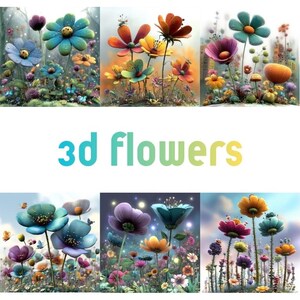 Peut inclure: Image présentant six panneaux de fleurs 3D aux couleurs vives. Les fleurs, avec leurs pétales et tiges détaillés, se détachent sur des arrière-plans flous. Le texte "3d flowers" est affiché en dégradé turquoise.
