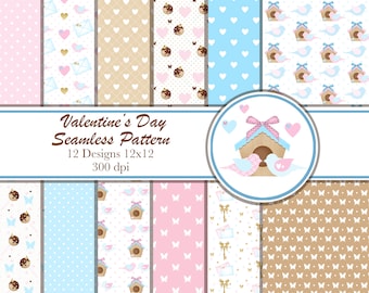 Digital Valentines Day Pattern, Valentines Day Pattern, Digital Birds Pattern, Valentines Day Digital Paper, Love Paper Pack, Paper Craft