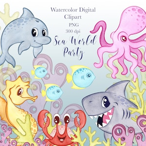 Watercolor Sea World Clipart, Watercolor Sea World Party Clipart, Birthday Clipart, Sea World Birthday Party Clipart, Underwater Clipart