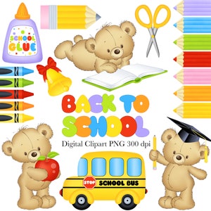 Clipart de la rentrée scolaire, Clipart scolaire Teddy Bear, Multicolore, Bus scolaire, Téléchargements numériques, PNG