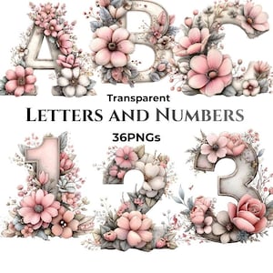 May include: Floral alphabet letters and numbers in soft pink and white. The letters A, B, and C, along with the numbers 1, 2, and 3, are adorned with delicate flowers and foliage. The text "Transparent LETTERS AND NUMBERS 36PNGs" is also visible.