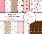 Digital Baby Girl Patterns, Baby Girl Seamless Patterns, Baby Girl Digital Paper,  Baby Girl Paper Pack, Seamless Background, Patterns