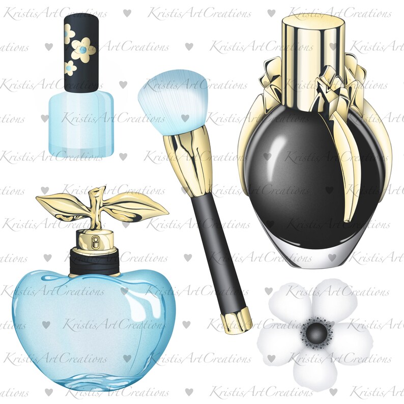 May include: A set of four beauty products: a light blue nail polish bottle, a light blue heart-shaped perfume bottle with a gold cap and a gold butterfly design, a black perfume bottle with a gold cap and a gold bow, and a light blue makeup brush with a gold handle.