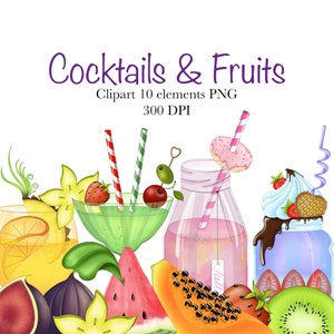 Cocktails Clipart, Digital Cocktails Clipart, Cocktails and Fruits Clipart, Rainbow Clipart, Summer Clipart, Fruits Clipart, Drinks Clipart