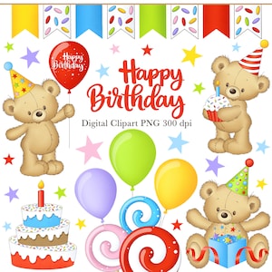 Birthday Party Clipart, Happy Birthday Clipart, Teddy Bear, 1st Birthday, Sweets, Digital Download, PNG