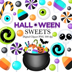 May include: A collection of Halloween-themed sweets and candies, including lollipops, candy corn, and eyeball-shaped treats. A black cauldron is filled with candies and small pumpkins. The text "Halloween Sweets" is displayed in purple.
