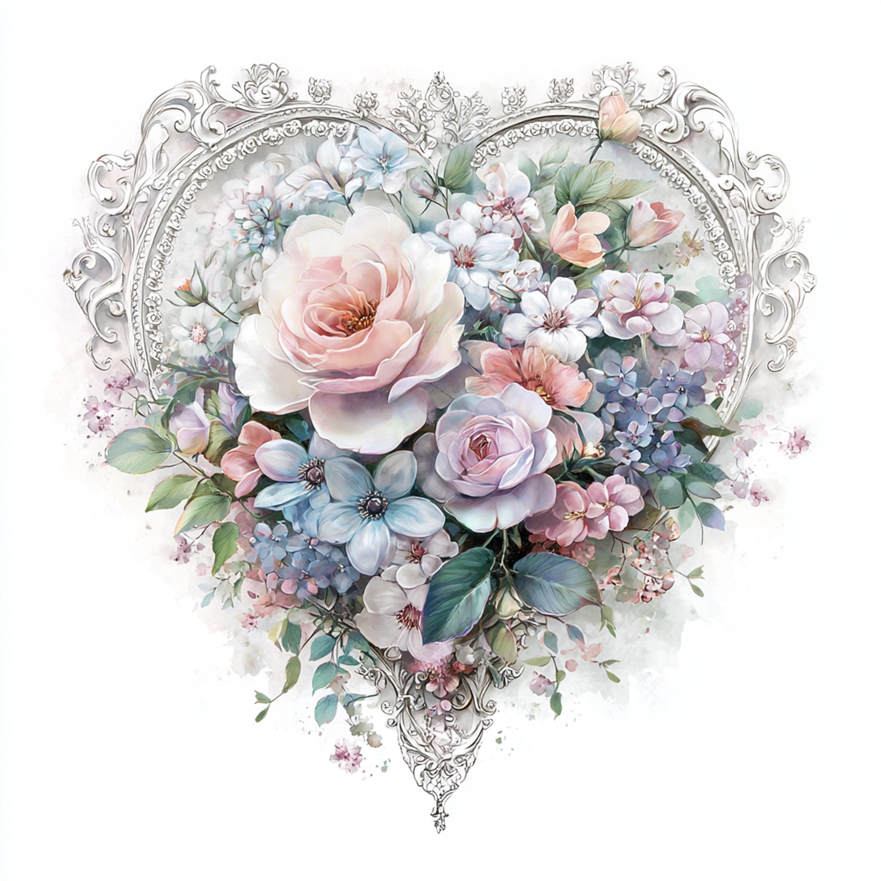 Floral Heart Clipart, Ornate Silver Filigree Rose, Shabby Chic Wedding ...