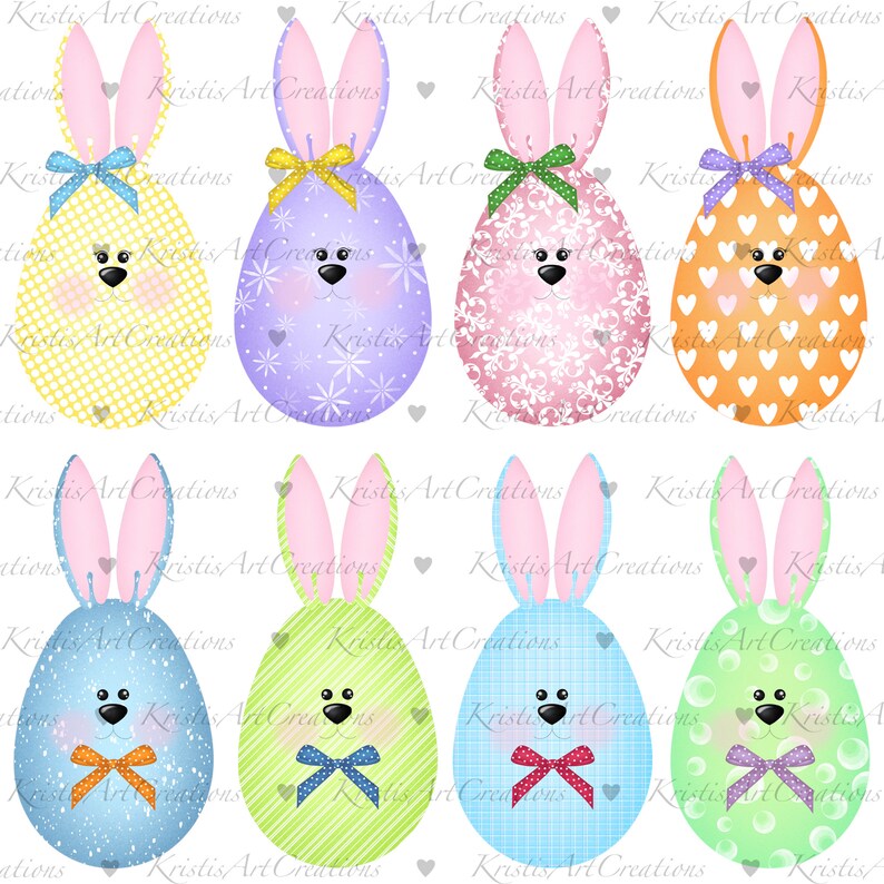 May include: Six colorful Easter eggs with bunny ears and bows. The eggs are decorated with different patterns, including polka dots, stripes, and floral designs.