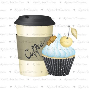 May include: A blue and white cupcake with a cherry on top, next to a to-go coffee cup with a brown paper sleeve that says "Coffee".