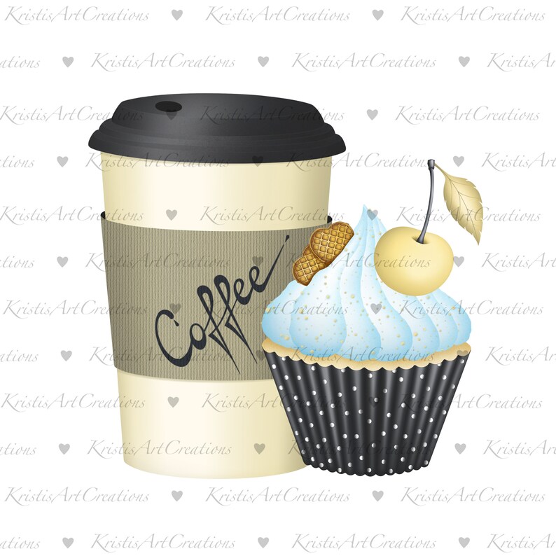 May include: A blue and white cupcake with a cherry on top, next to a to-go coffee cup with a brown paper sleeve that says "Coffee".