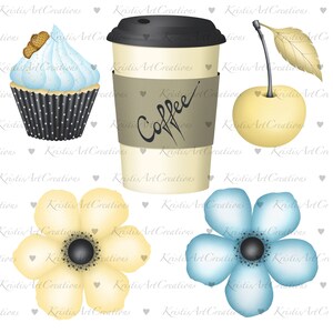 May include: A digital illustration of a coffee cup with a brown paper sleeve that says "Coffee", a blue and white cupcake with sprinkles, a yellow cherry with a green stem, a yellow flower with a black center, and a blue flower with a black center.