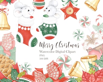 Watercolor Christmas Clipart, Christmas Watercolor Clipart, New Year Clipart, Christmas Decorations, Digital Clipart, Poinsettia Clipart