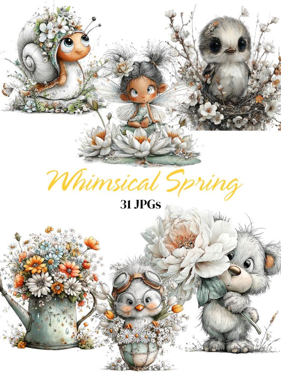 Whimsical Spring Clipart, Watercolor Garden Animal Prints, Nursery Wall ...