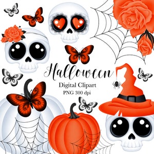 Cute Halloween Clipart, Cute Scull Clipart, Halloween Clipart, Happy Halloween, Red Clipart, Digital Clipart, Downloads, PNG