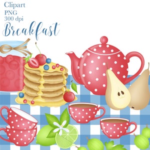 Desayuno Digital Clipart, Desayuno Clipart, Comida Clipart, Panqueques Clipart, Digital Clipart, Tetera, Pera