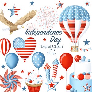 Unabhängigkeitstag Clipart, 4. Juli Clipart, USA Clipart, American Eagle Clipart, Sterne Clipart, rot & blau Clipart, Ballons Clipart