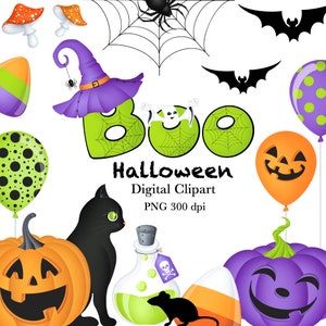 May include: A set of Halloween digital clipart images featuring a black cat, a witch's hat, a ghost, pumpkins, bats, candy corn, and balloons. The text "BOO" and "Halloween Digital Clipart PNG 300 dpi" is also included.