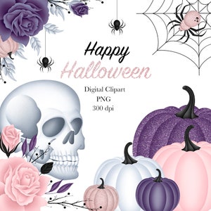 Rosa Halloween Clipart, Happy Halloween Clipart, Lila Clipart, Kürbis Clipart, Blumen Clipart, Rosen Clipart