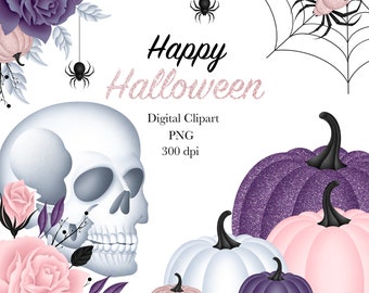Pink Halloween Clipart, Happy Halloween Clipart, Purple Clipart,  Pumpkin Clipart, Flowers Clipart, Roses Clipart