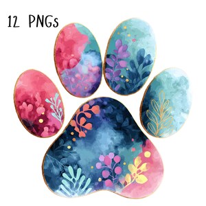 May include: A digital graphic featuring 12 PNGs arranged in a paw print shape. The design consists of five oval and rounded segments filled with watercolor textures in shades of pink, blue, and purple, accented with gold leaf botanical illustrations.