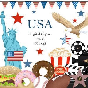 USA Clipart, 4th of July Clipart, America Clipart, American Flag Clipart, Stars Clipart, Hollywood Clipart, Fast Food Clipart, Food Clipart