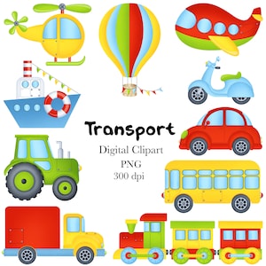 Transport Clipart, Multicolor Clipart, Kids Clipart, Digital Clipart, PNG, Air Transport Clipart, Water Transport Clipart