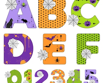 May include: Halloween themed alphabet and numbers with various patterns and spooky designs. The letters are purple, orange, green, and the numbers are green, purple, orange, green, and purple.