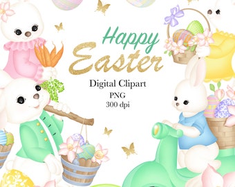 Happy Easter Bunnies Clipart, Happy Easter Clipart, Easter Clipart, Easter Bunnies Clipart, Floral Clipart, Easter Eggs Clipart