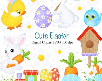Easter Clipart, Happy Easter, Cute Easter, Easter Bunnies, Easter Eggs Clipart, Floral Clipart, Multicolor, Digital Downloads, PNG