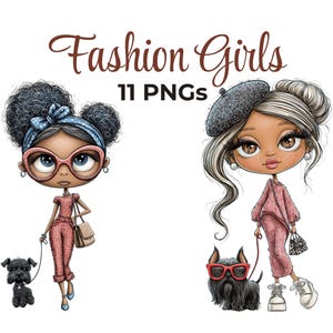 May include: Digital illustration titled Fashion Girls 11 PNGs featuring two stylized characters. One has dark curly hair with a blue headband, pink glasses, and a black dog. The other has a grey beret, blonde hair, a pink outfit, and a black dog with red glasses.