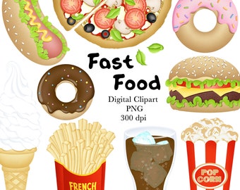 Fast Food Clipart, Food and Drink Clipart, Pizza, Hamburger, Hot Dog, Donut Clipart, PNG, Digitaler Download