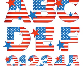 Clipart del alfabeto del Día de la Independencia, letras, números, 4 de julio, descarga digital, PNG