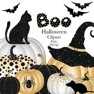May include: Black and gold Halloween clipart featuring pumpkins, a witch's hat, a cat, bats, and a mouse. The text "Boo" is in black and white polka dots.
