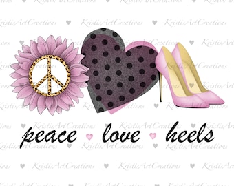 May include: Pink sunflower with a peace sign in the center, a pink heart with black polka dots, and a pair of pink high heels with the text "peace love heels".