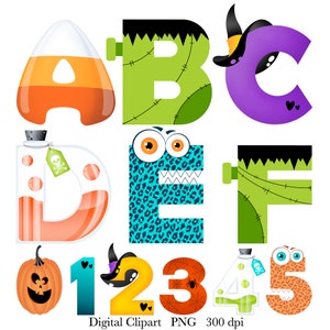 Halloween Alphabet Clipart, Halloween Numbers Clipart, Halloween, Letters, Numbers, Digital Download, Frankenstein Letters, PNG, Mummy