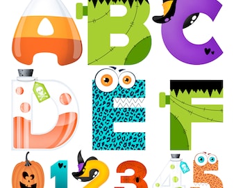 May include: Halloween themed alphabet and numbers clipart. The letters are in various colors and designs, including a candy corn A, a green Frankenstein B, a purple witch C, a potion bottle D, a blue monster E, a green Frankenstein F, a pumpkin 0, a blue witch 1, a yellow witch 2, a spider web 3, a potion bottle 4, and an orange monster 5.