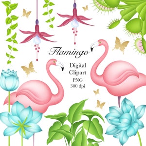 Flamingo Clipart, Tropic Clipart, Floral Clipart, Flowers Clipart, Tropical Clipart, Tropical Flowers Clipart, Tropical Leaves Clipart