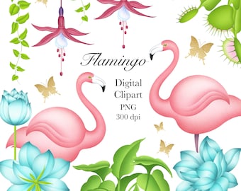 Flamingo Clipart, Tropic Clipart, Floral Clipart, Flowers Clipart, Tropical Clipart, Tropical Flowers Clipart, Tropical Leaves Clipart