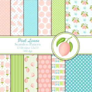Pink Lemon Seamless Pattern, Floral Pattern, Pink Lemons and Flowers, Green and Yellow, Digital Pattern, Paper Craft, Paper Pack