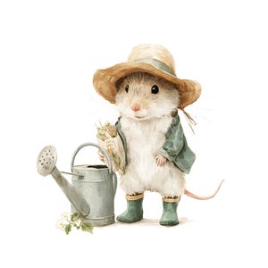 May include: A watercolor illustration of a mouse dressed as a gardener. The mouse wears a straw hat, green jacket, and boots, holding a paper bag of plants. A gray watering can and white flowers are nearby.