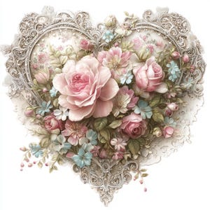 Floral Heart Clipart, Ornate Silver Filigree Rose, Shabby Chic Wedding ...
