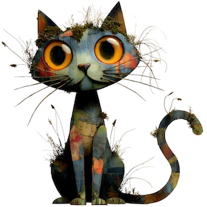 Può includere: Una scultura di gatto stilizzata con grandi occhi arancioni lucidi e un corpo multicolore nei toni del blu, rosso e giallo. La figura è decorata con macchie di muschio verde e sottili baffi simili a ramoscelli che sporgono dal viso e dalla coda.