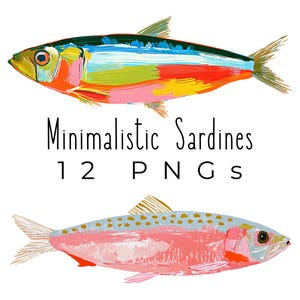 Puede incluir: Dos ilustraciones digitales de sardinas con texturas de pinceladas visibles. El pez superior presenta tonos azules, amarillos y naranjas. El pez inferior es principalmente rosa con acentos grises y amarillos. Texto: Minimalistic Sardines 12 PNGs.