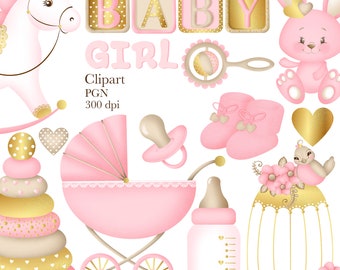 Baby Girl Clipart, Baby Clipart, 1st Birthday Clipart, Baby Shower Clipart, Birthday Clipart, Pink Clipart, Digital Clipart, Gold Clipart