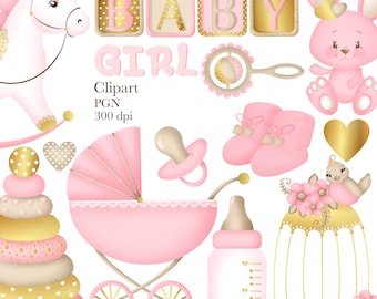 Baby Girl Clipart, Baby Clipart, 1st Birthday Clipart, Baby Shower Clipart, Birthday Clipart, Pink Clipart, Digital Clipart, Gold Clipart