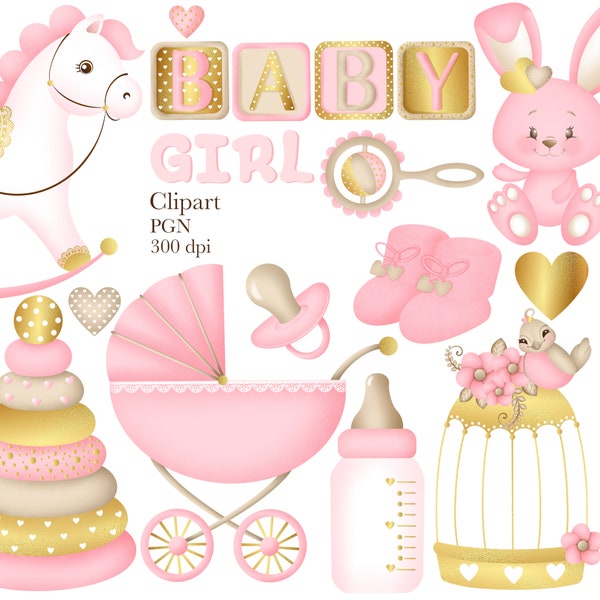 Baby Girl Clipart, Baby Clipart, 1st Birthday Clipart, Baby Shower Clipart, Birthday Clipart, Pink Clipart, Digital Clipart, Gold Clipart