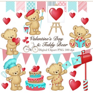 Clipart de dia dos namorados, clipart de ursinho de pelúcia, clipart de amor, clipart fofo de ursinho de pelúcia, corações, clipart digital, PNG