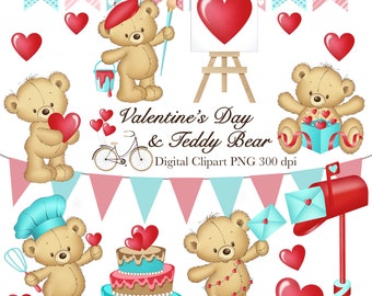 Clipart de la Saint-Valentin, Clipart d’ours en peluche, Clipart d’amour, Clipart d’ours en peluche mignon, Cœurs, Clipart numérique, PNG