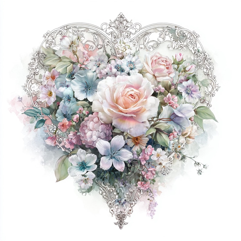 Floral Heart Clipart, Ornate Silver Filigree Rose, Shabby Chic Wedding ...