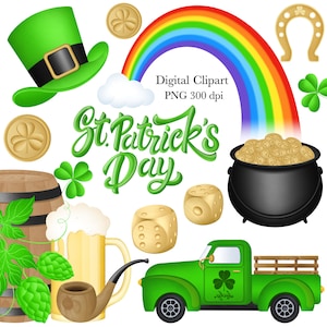 Könnte beinhalten: Ein Set mit digitalem St. Patricks Day-Clipart mit einem grünen Leprechaun-Hut, einem Topf voller Gold, einem Regenbogen, einem grünen LKW, einem Bierkrug, einer Pfeife, Würfeln, Kleeblättern und einem Hufeisen.